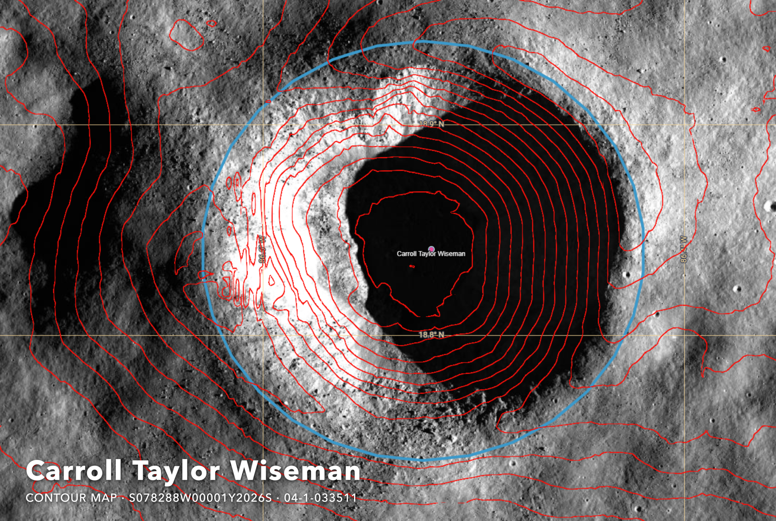 A contour map of Crater Carroll on the Moon.