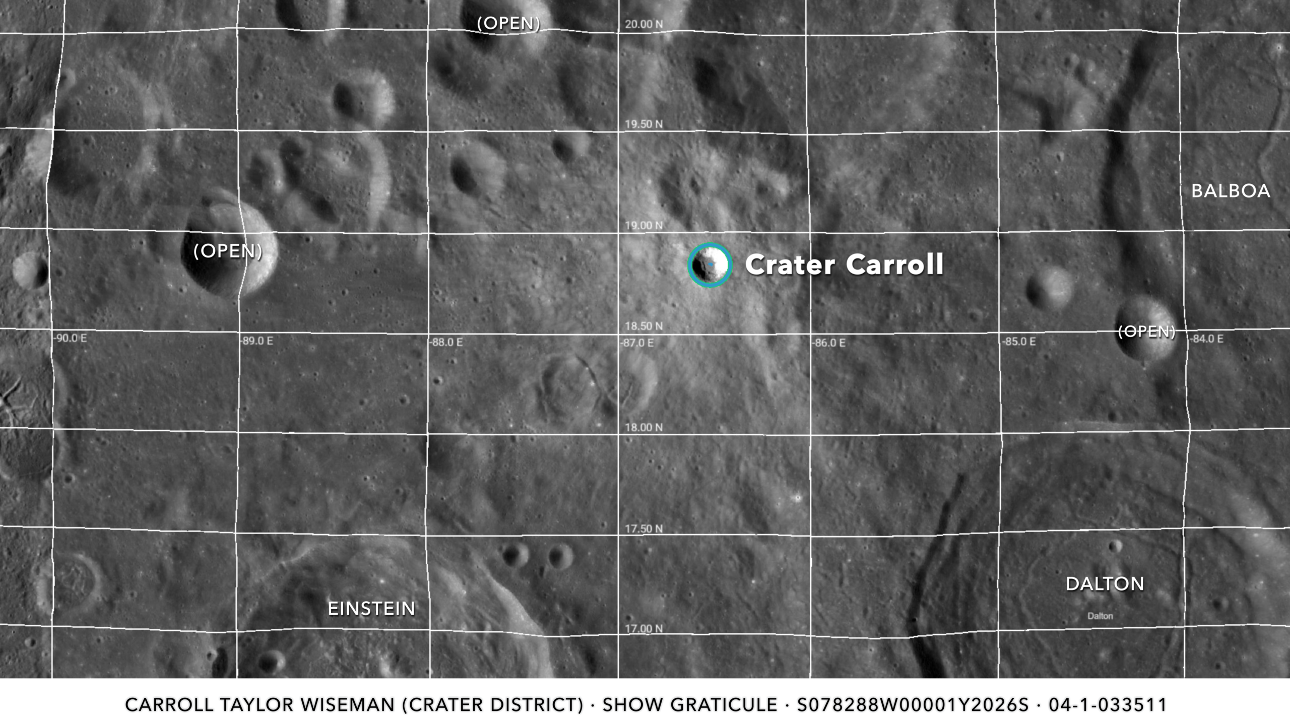 The location of Crater Carroll on the Moon with contours and graticule. (ILGS Imaging Team)